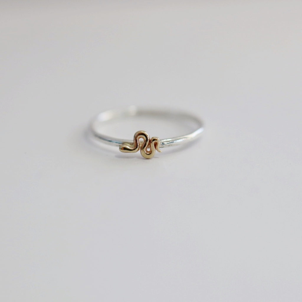 Tiny Snake Stacking Ring in Mixed Metal / Sterling Silver and 14 karat Yellow Gold / READY TO SHIP in 5.75