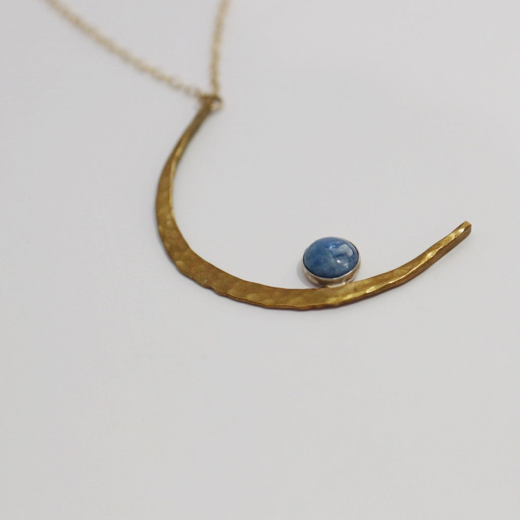 Brass Hammered Moon Celestial Necklace - Ready to ship in Brass And Kyanite