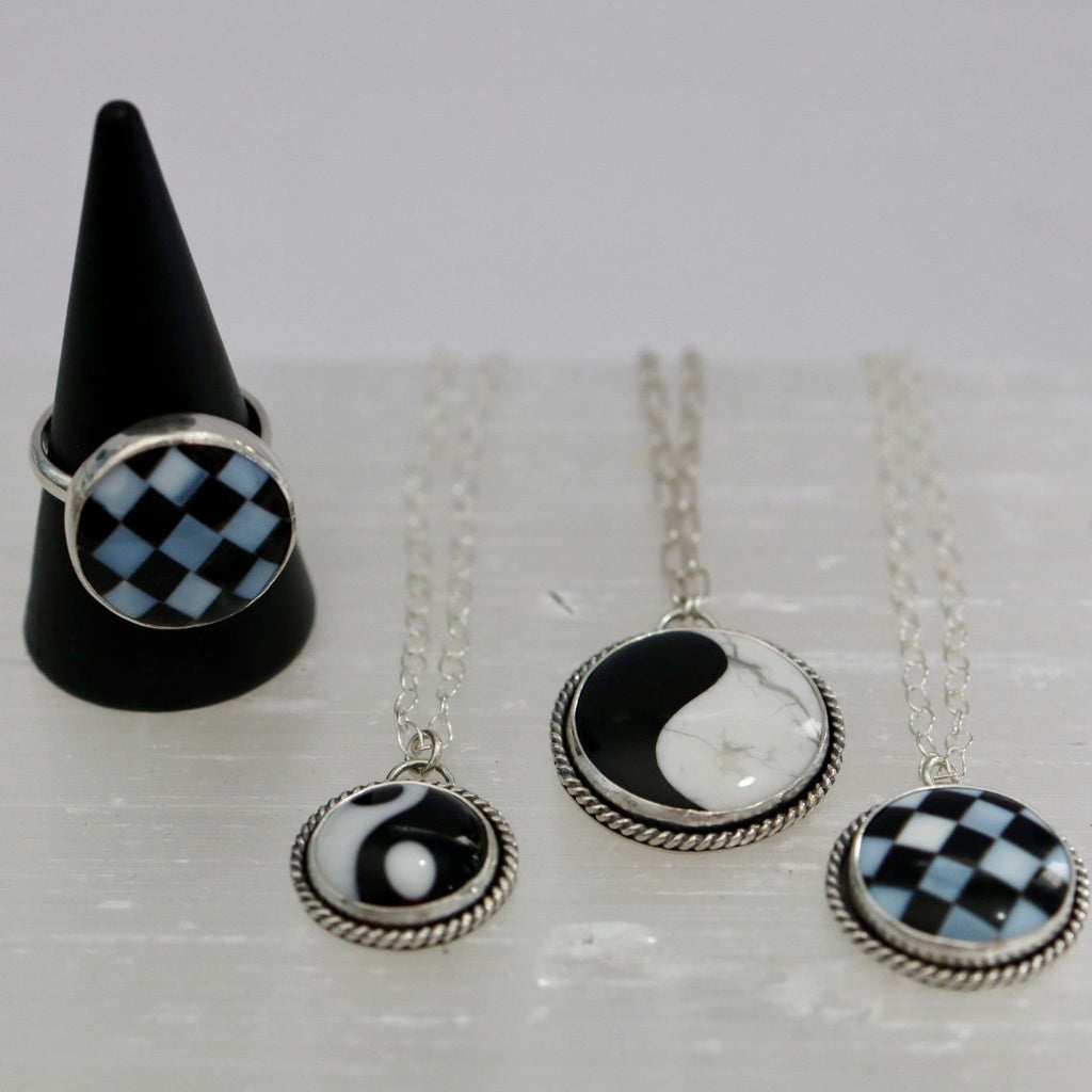 Black and White Checkered Gemstone Ring in Sterling Silver