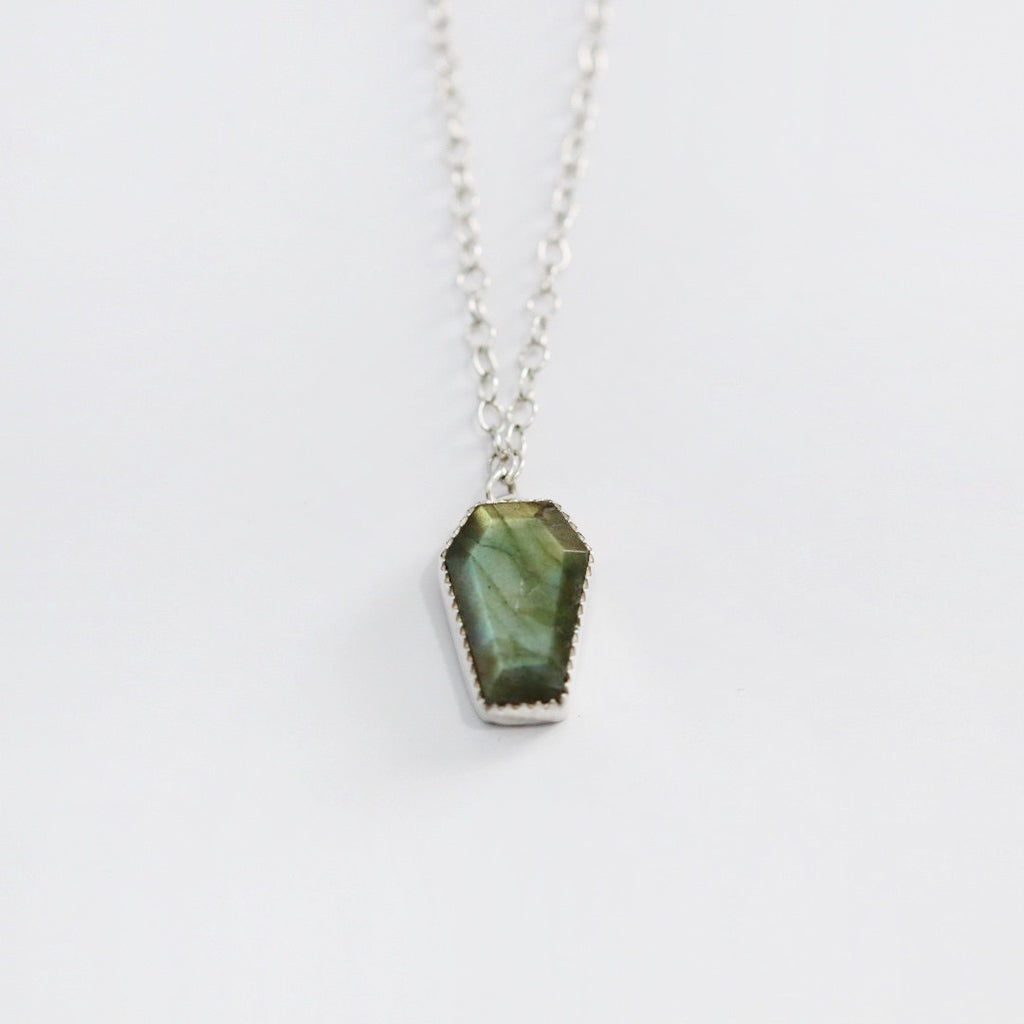 Mini Gemstone Coffin Necklace in Sterling Silver / Ready to ship in Labradorite and Moonstone