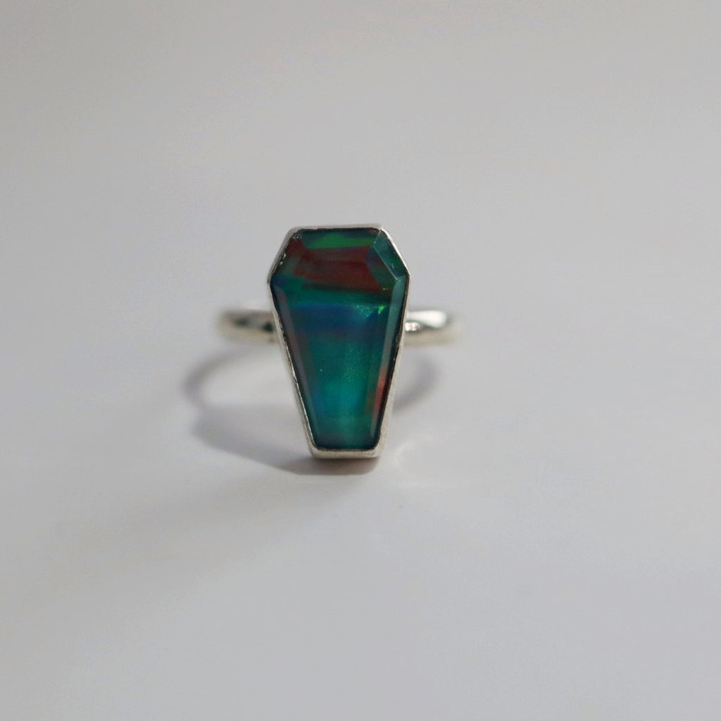 Aurora Opal Coffin Gemstone Ring in Sterling Silver / size 7 READY TO SHIP