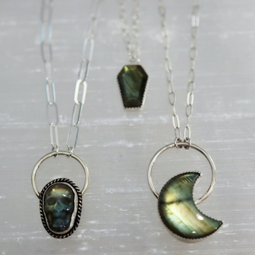 Mini Gemstone Coffin Necklace in Sterling Silver / Ready to ship in Labradorite and Moonstone