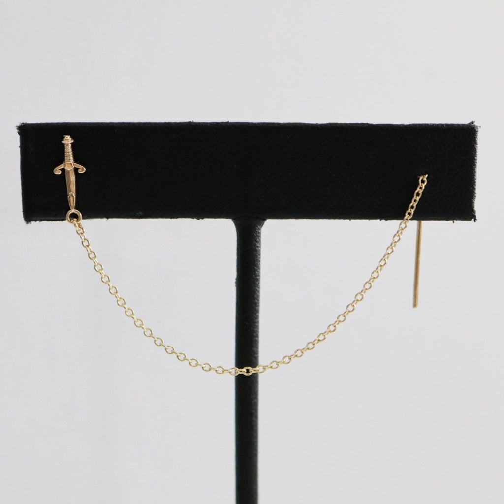 Sword Stud Threader Earring in 14 Karat Yellow Gold / SINGLE EARRING / READY TO SHIP