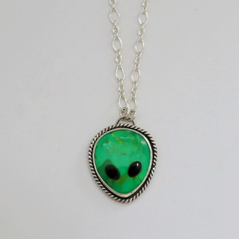 Alien Green Turquoise Necklace in Sterling Silver / Ready to Ship