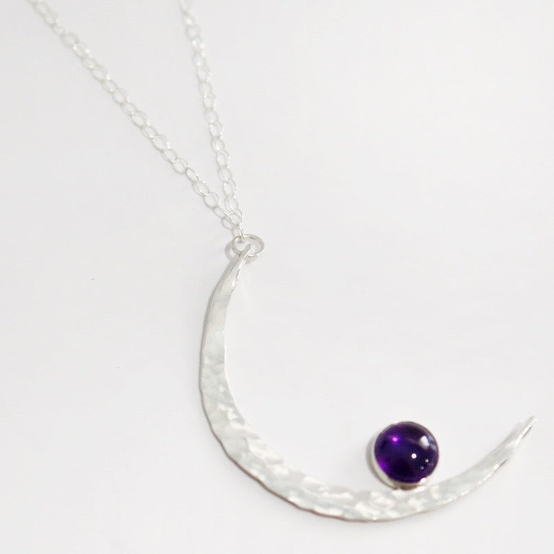 Gemstone moon necklace amethyst and sterling silver