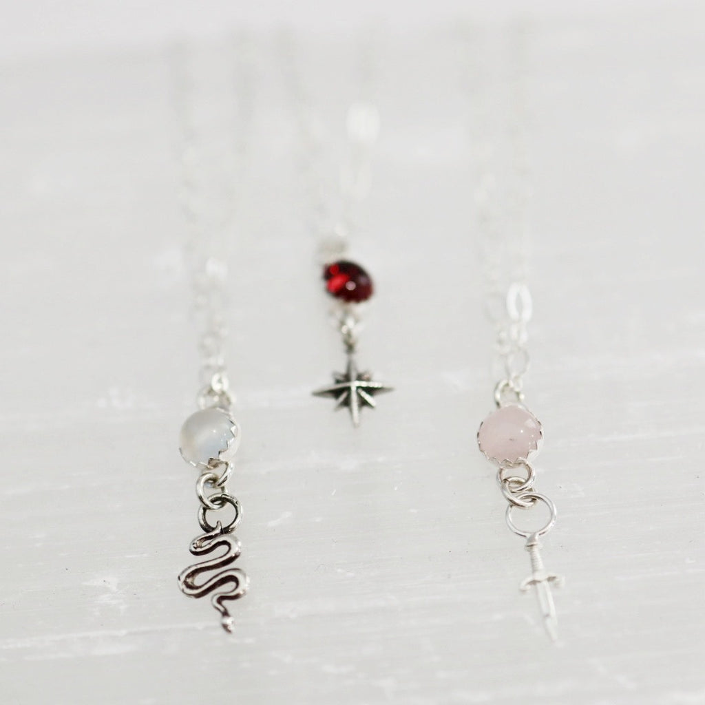 Rose Quartz, Mini Dagger, and Sterling Silver Charm Necklace / ready to ship