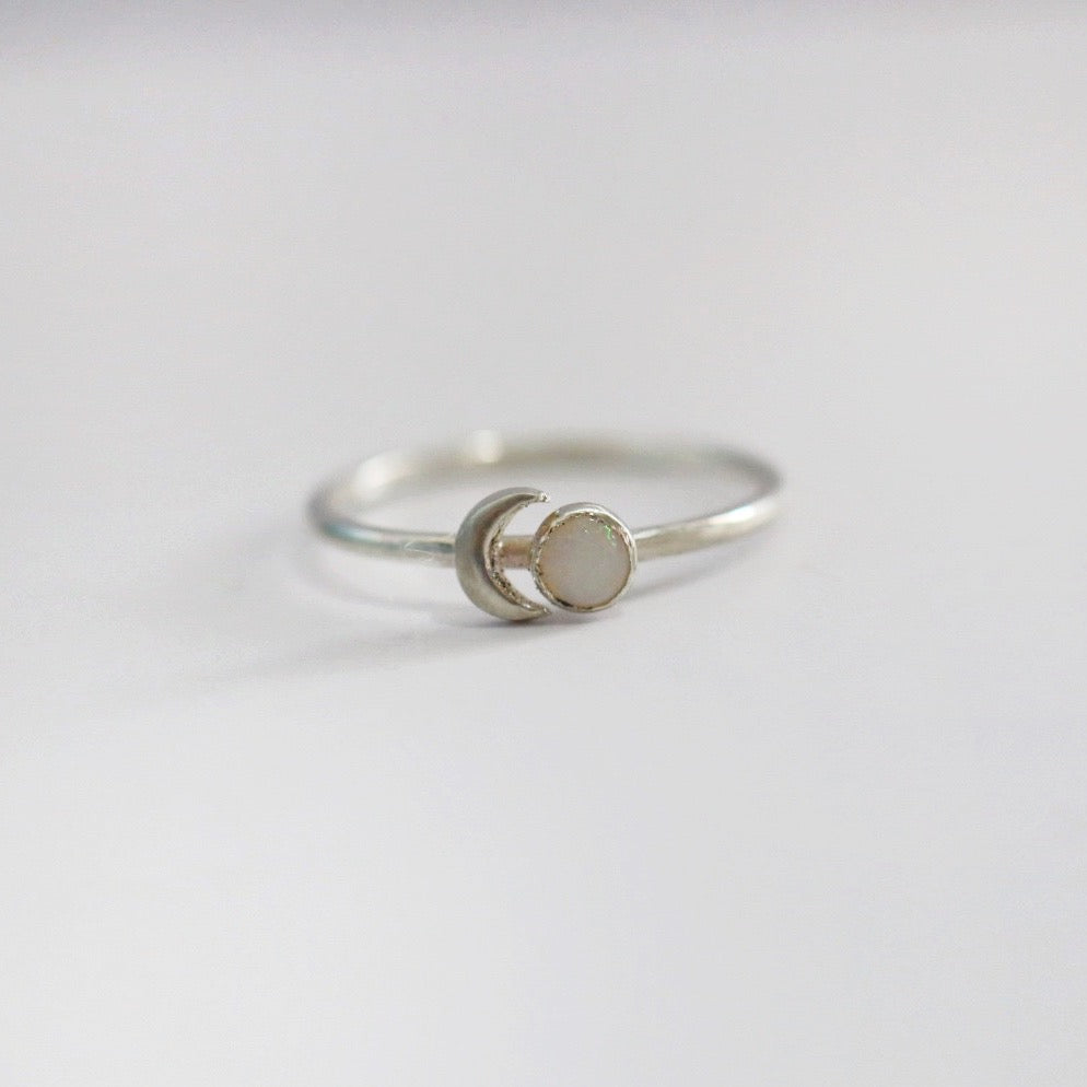 White opal and crescent moon ring in sterling silver