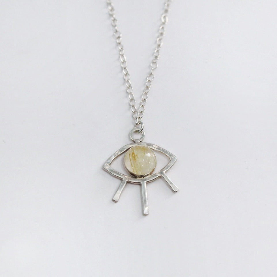 Gemstone Evil Eye Necklace in Sterling Silver - Amethyst, Kyanite, rutilated quartz / Ready to ship
