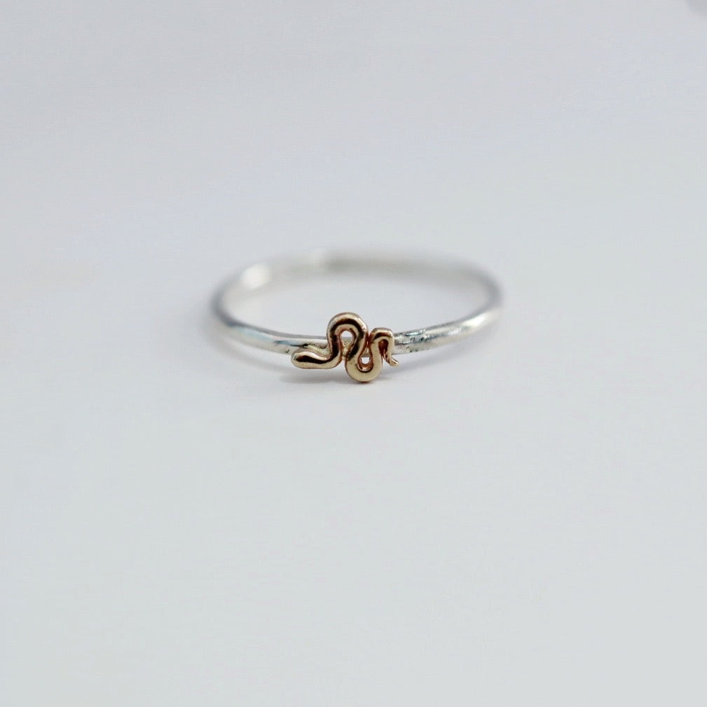 Tiny Snake Stacking Ring in Mixed Metal / Sterling Silver and 14 karat Yellow Gold / READY TO SHIP in 5.75