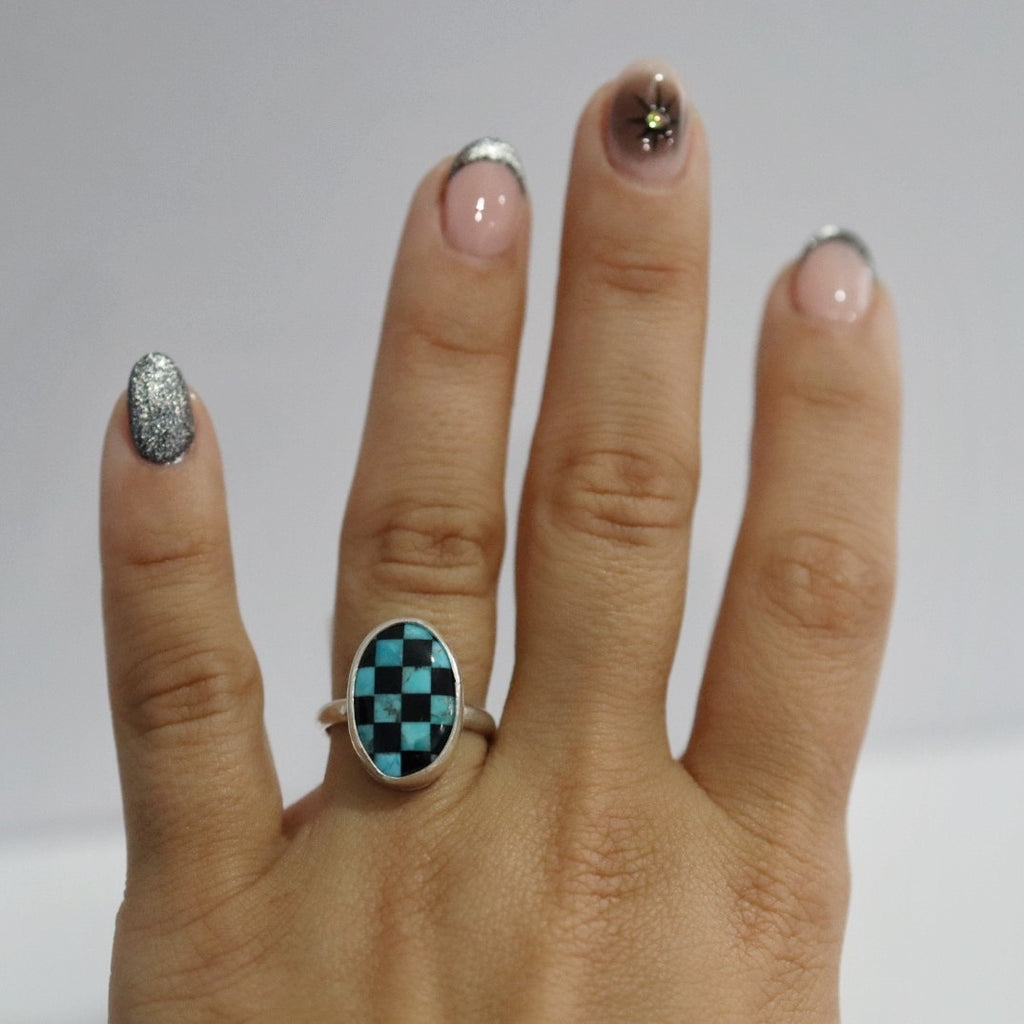 Checkered Ring in Black and Turquoise / Sterling Silver / Ready to Ship in size 7
