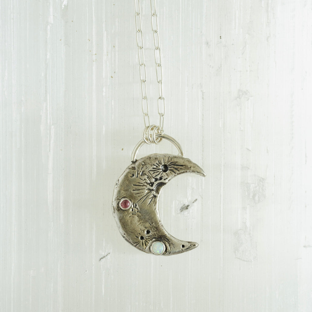 Sterling Silver Crescent Moon Necklace with Opal and Tourmaline Gemstone
