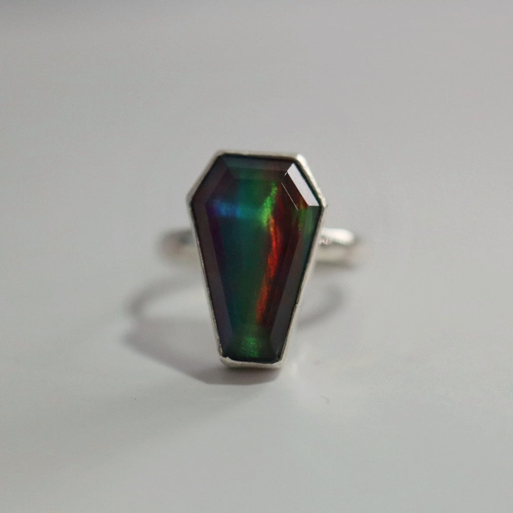 Aurora Opal Coffin Gemstone Ring in Sterling Silver / size 6.5 READY TO SHIP