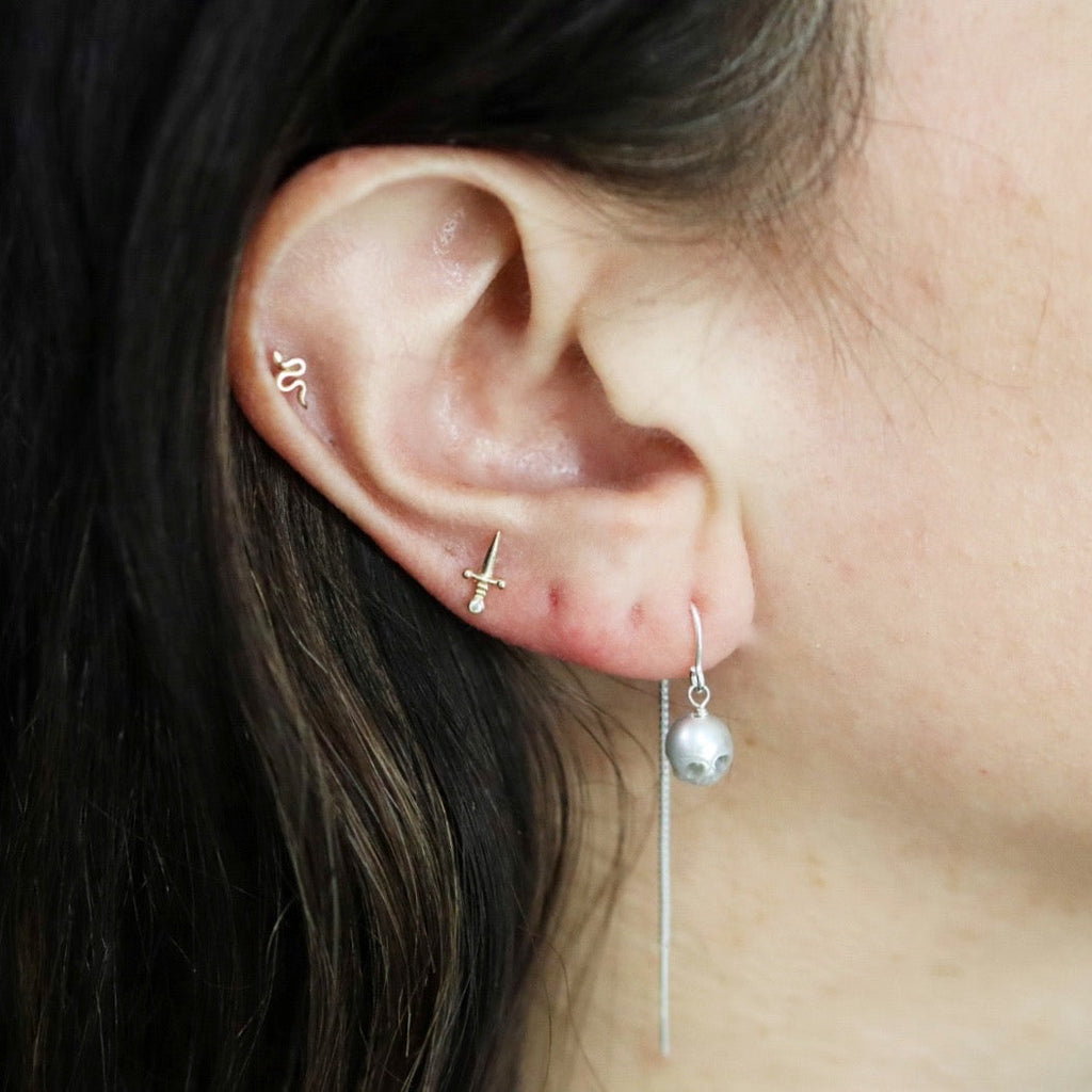 Skull Pearl Threader Earrings in Gold Fill  / Ready to ship