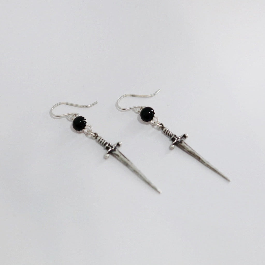 Sword Earrings with Onyx Gemstone in Sterling Silver / ready to ship