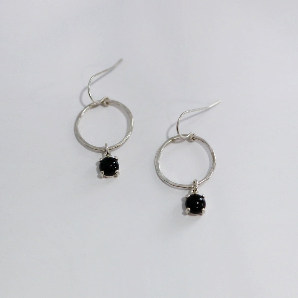 Hammered Circle Gemstone Earrings in Sterling Silver / ready to ship