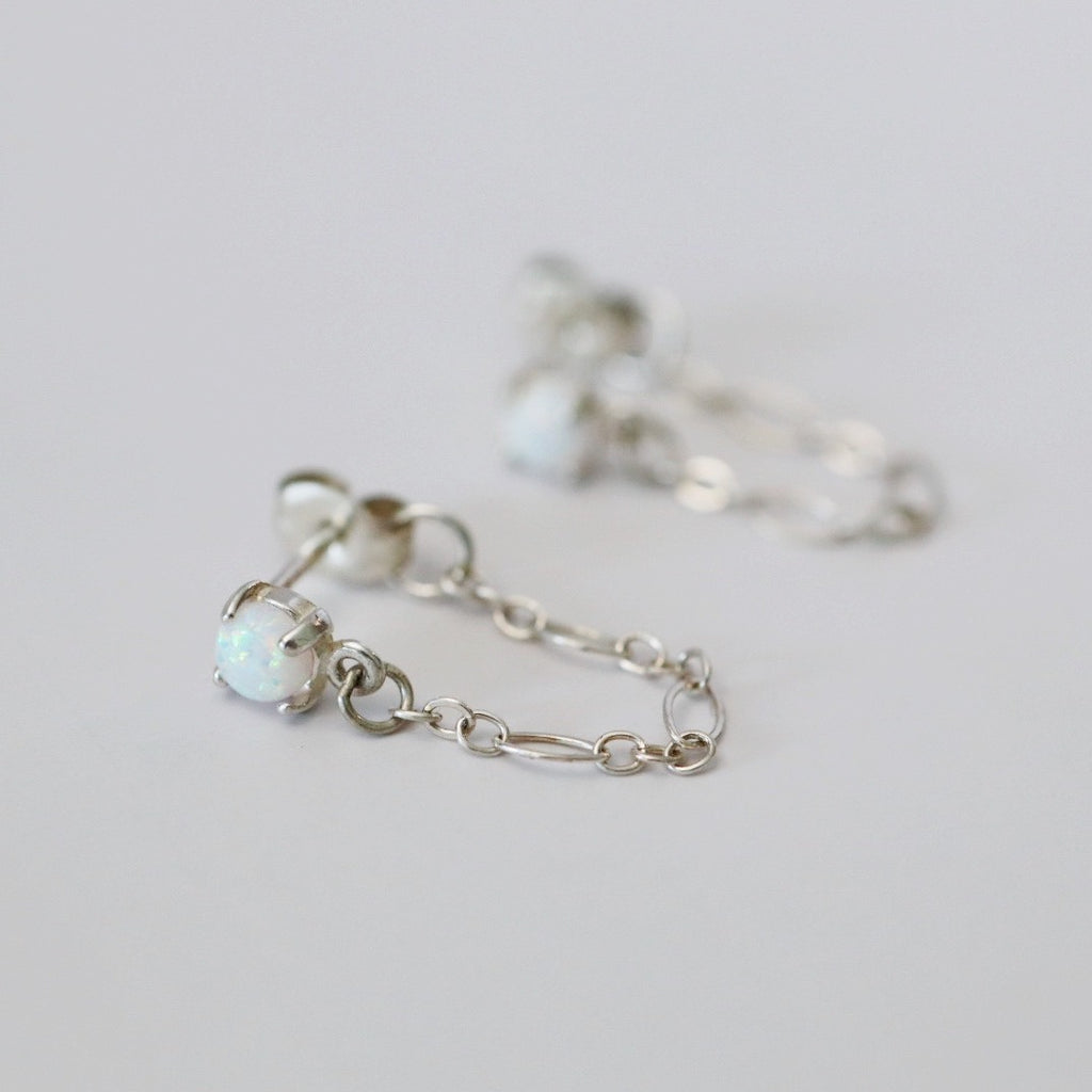 Sterling Silver Gemstone Chain Drop Earrings  - Opal or Black Spinel / ready to ship
