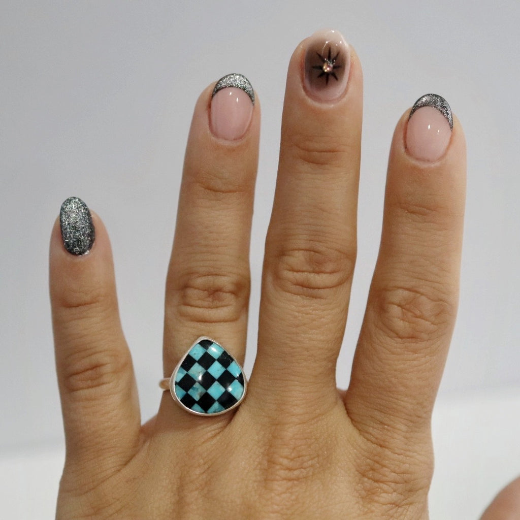 Teardrop Checkered Ring in Black and Turquoise / Sterling Silver / Ready to ship size 6