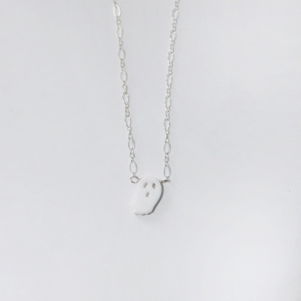 Dainty Opal Ghost Necklace - Choose Your Metal; Halloween Necklace / Ready to ship
