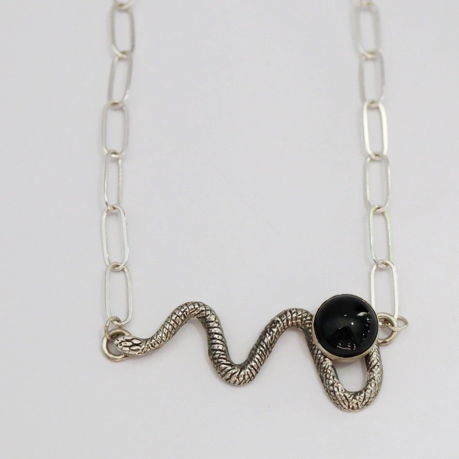 Sterling silver snake and onyx gemstone necklace