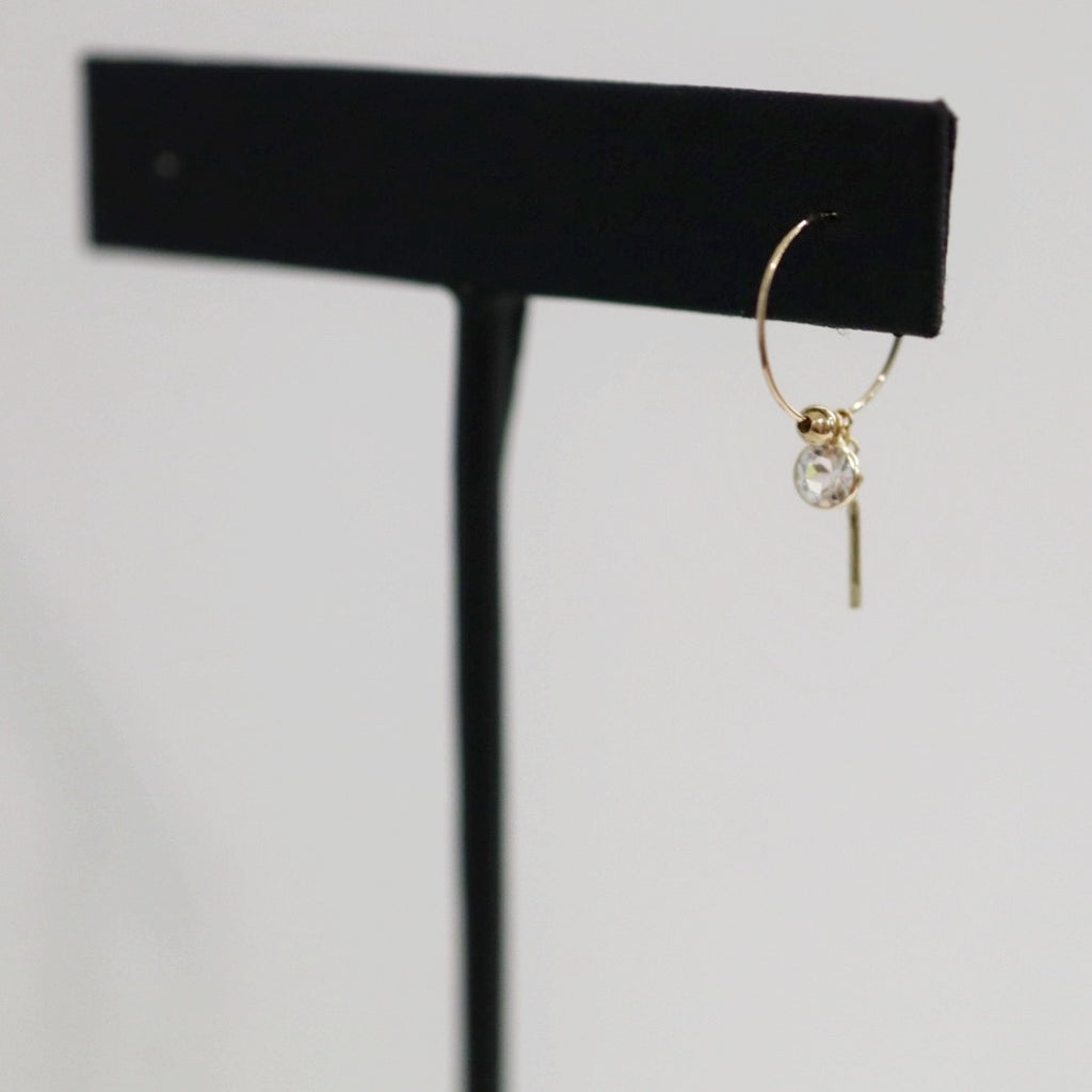 White Topaz and Bar Dangle Hoop Earring in 14 karat Yellow Gold / SINGLE EARRING / READY TO SHIP