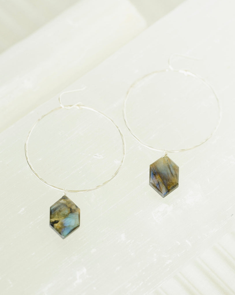 Sterling Silver Hoop Earrings with Hexagon Labradorite Gemstone