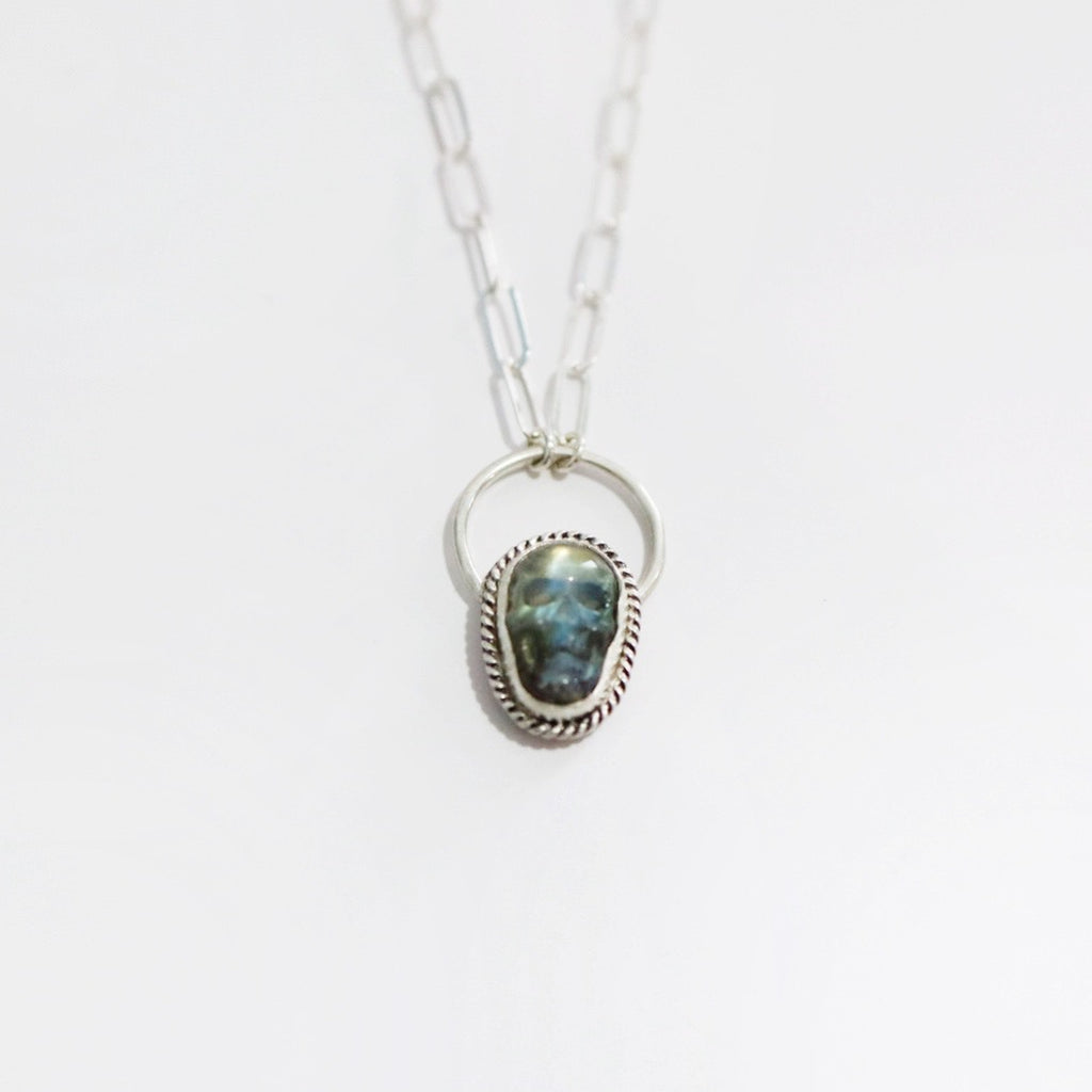 Labradorite Gemstone Skull Necklace in Sterling Silver / ready to ship