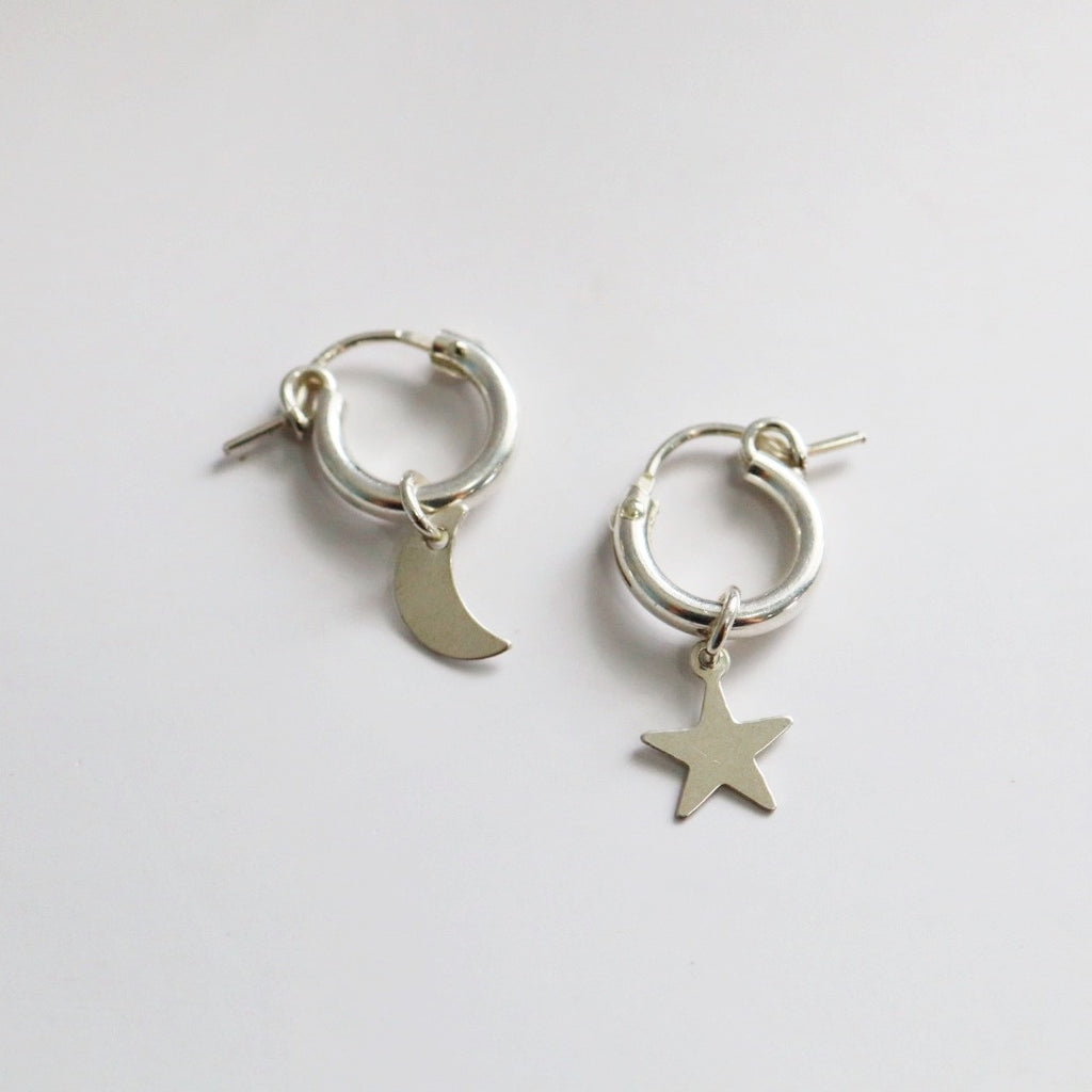 Moon and star hoop earrings in sterling silver