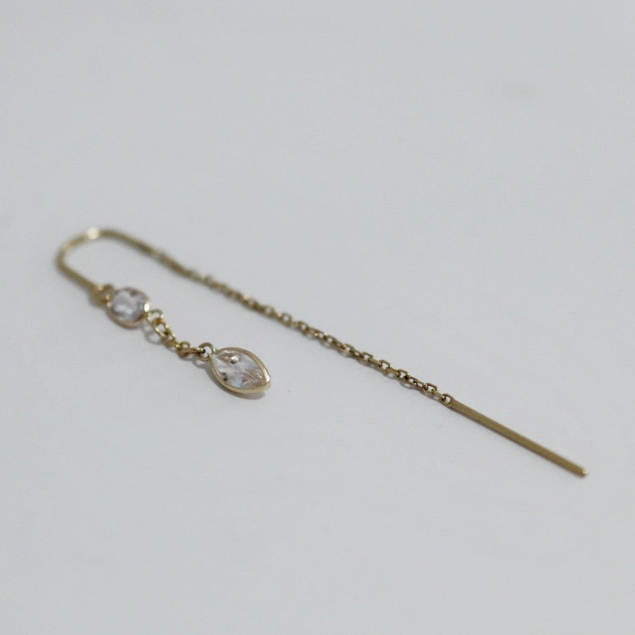 Double White Topaz  Drop Threader Earring in 14 karat Yellow Gold / SINGLE EARRING / READY TO SHIP