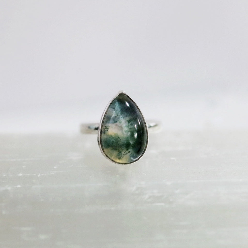 Moss Agate Teardrop and Sterling Silver Gemstone Ring / Size 6 / Ready to ship