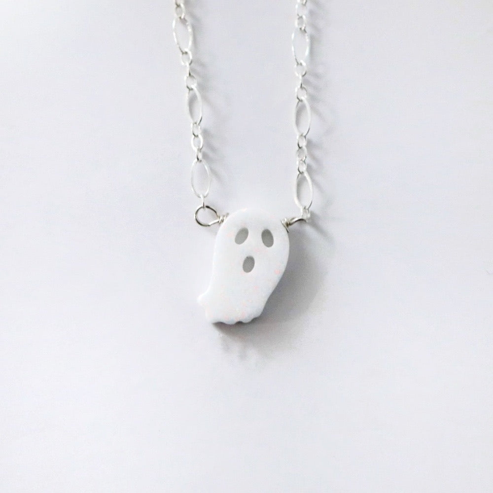 Dainty Opal Ghost Necklace - Choose Your Metal; Halloween Necklace / Ready to ship