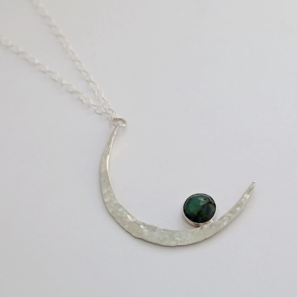 Sterling Silver Moon Statement Necklace -  ready to ship in Emerald and Amethyst Gemstones