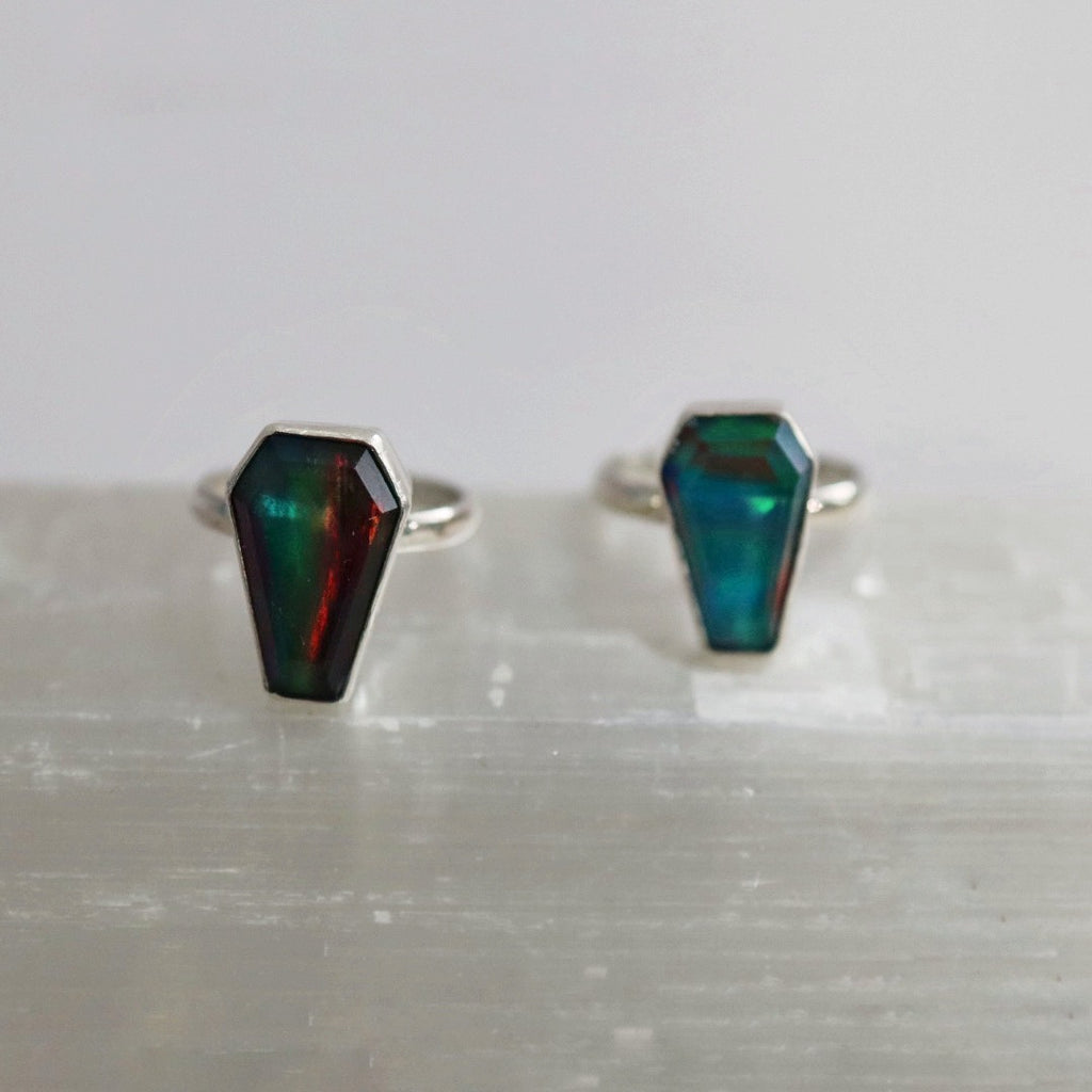 Aurora Opal Coffin Gemstone Ring in Sterling Silver / size 6.5 READY TO SHIP