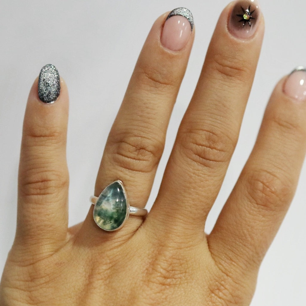 Moss Agate Teardrop and Sterling Silver Gemstone Ring / Size 6 / Ready to ship
