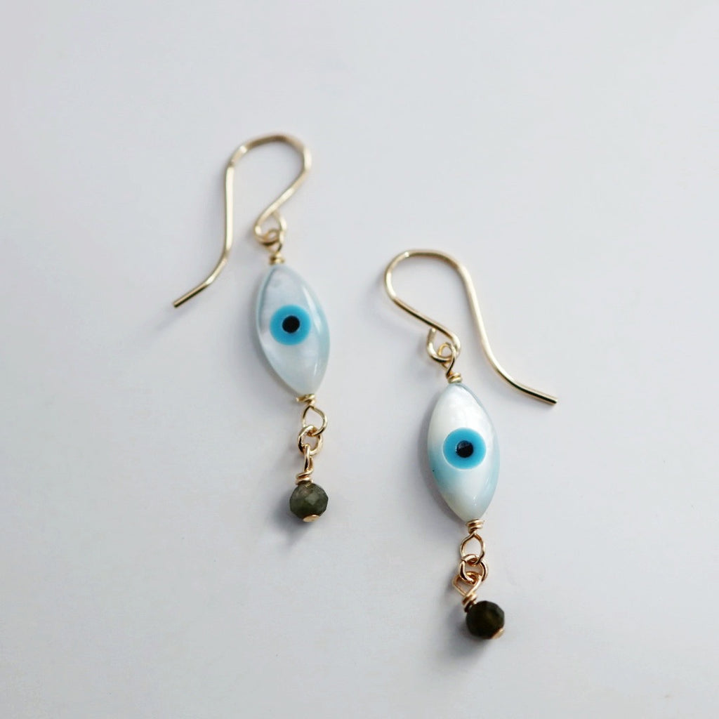 All seeing eye and Green Tourmaline Earrings in 14 Karat Gold Fill / READY TO SHIP