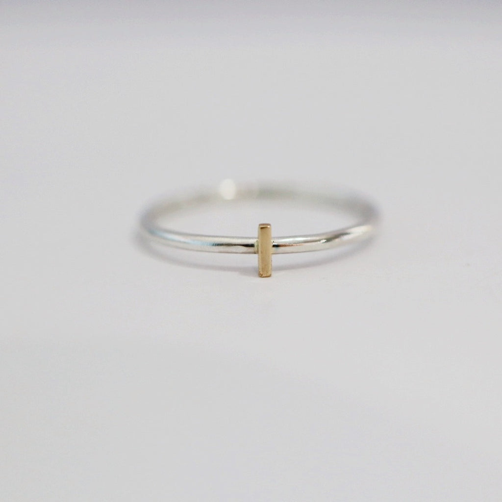Mixed Metal Mini Bar Ring / Sterling Silver and 14 Karat Yellow Gold