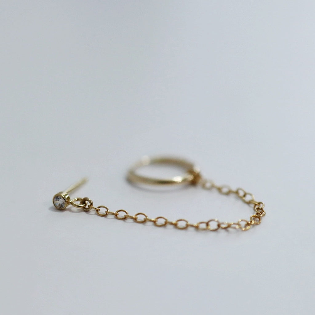 Cubic Zirconia Gemstone Stud and Chain With Hoop Earring in Gold Fill / SINGLE EARRING / READY TO SHIP