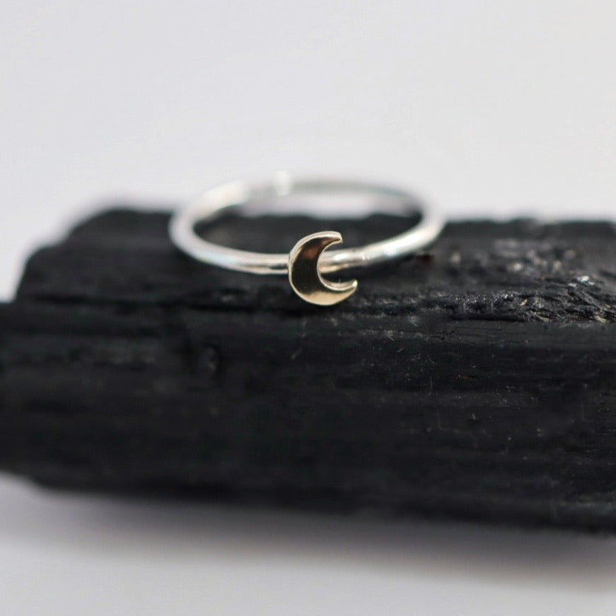 Crescent Moon Stacking Ring in Mixed Metal / Sterling Silver and 14 karat Yellow Gold / READY TO SHIP in 5.75