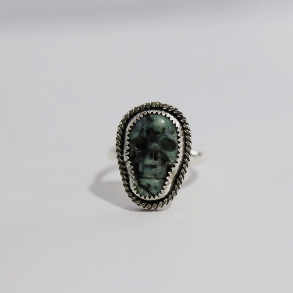 Skull Gemstone Ring in Sterling Silver and Jasper / Size 8.75 Ready to Ship