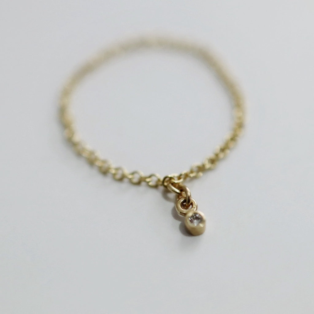 Tiny Lab Diamond Charm and chain ring in  14 Karat Yellow Gold / READY TO SHIP SIZE 9.5