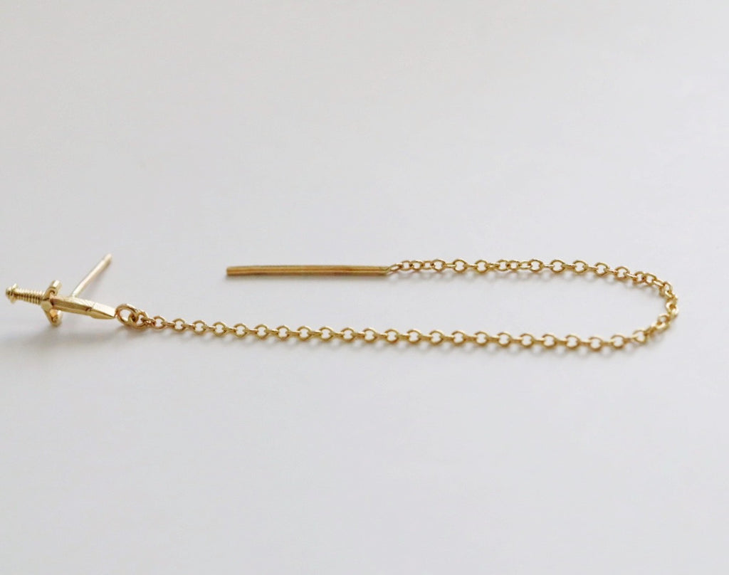 Sword Stud Threader Earring in 14 Karat Yellow Gold / SINGLE EARRING / READY TO SHIP