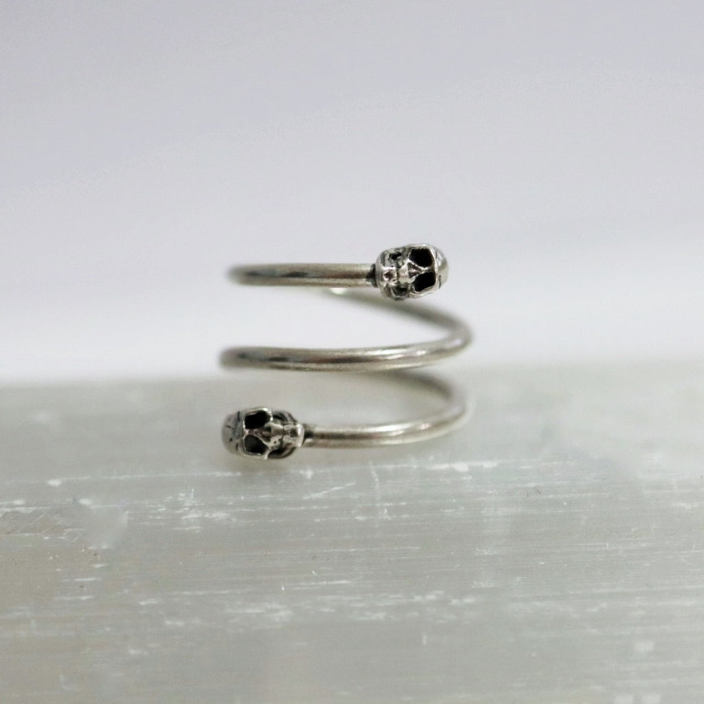 Double Skull Spiral Ring in Sterling Silver
