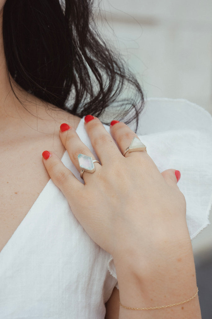 White Moonstone Triangle Gemstone Ring / Ready to Ship size 7.5