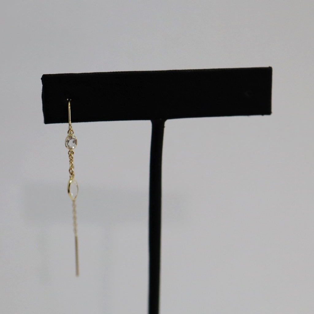 Double White Topaz  Drop Threader Earring in 14 karat Yellow Gold / SINGLE EARRING / READY TO SHIP
