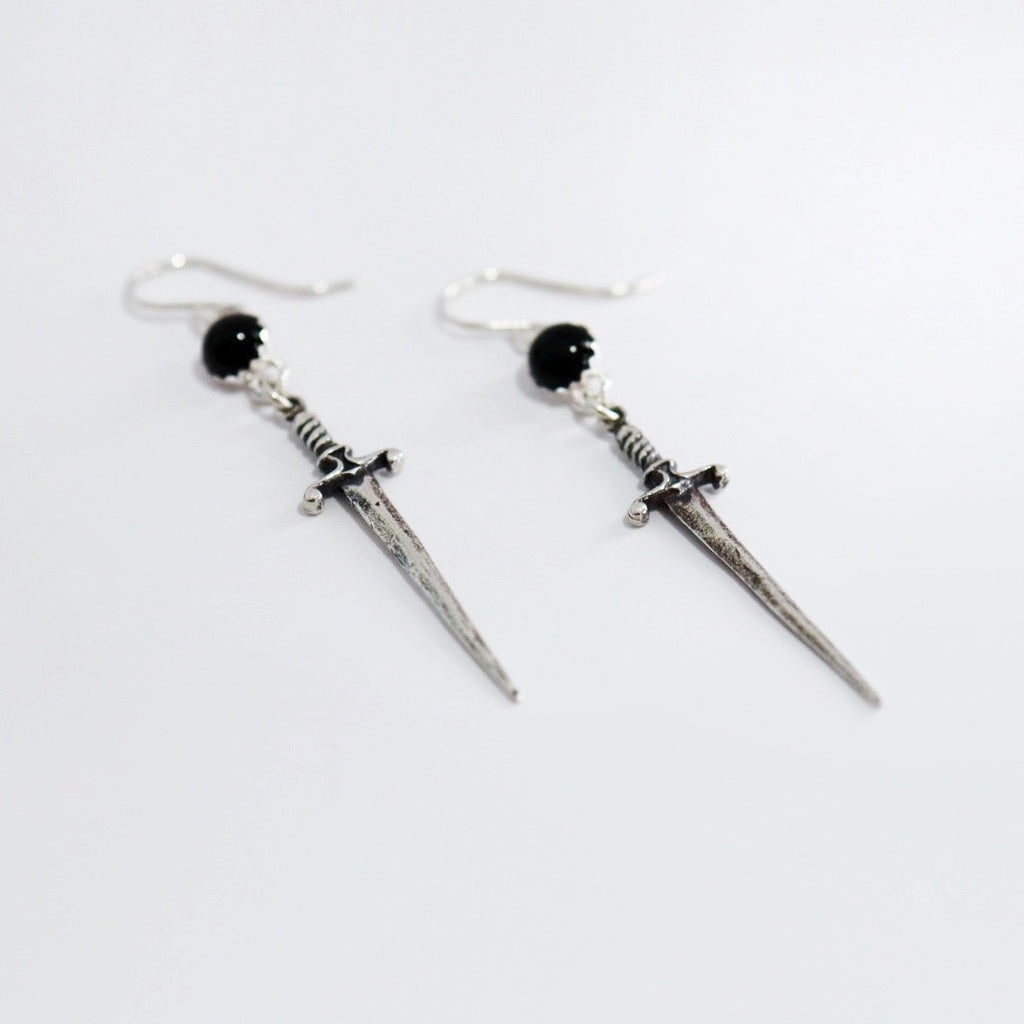 Sword Earrings with Onyx Gemstone in Sterling Silver / ready to ship