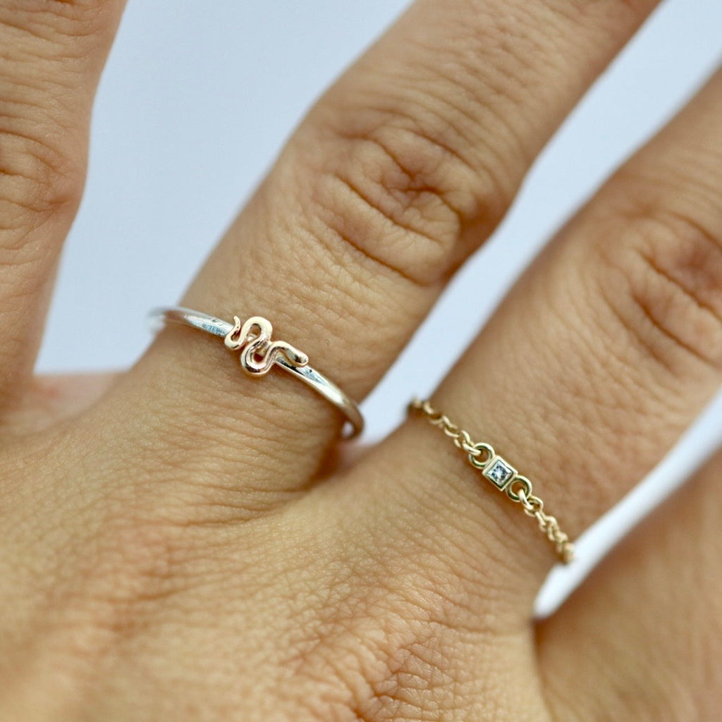 Tiny Snake Stacking Ring in Mixed Metal / Sterling Silver and 14 karat Yellow Gold / READY TO SHIP in 5.75