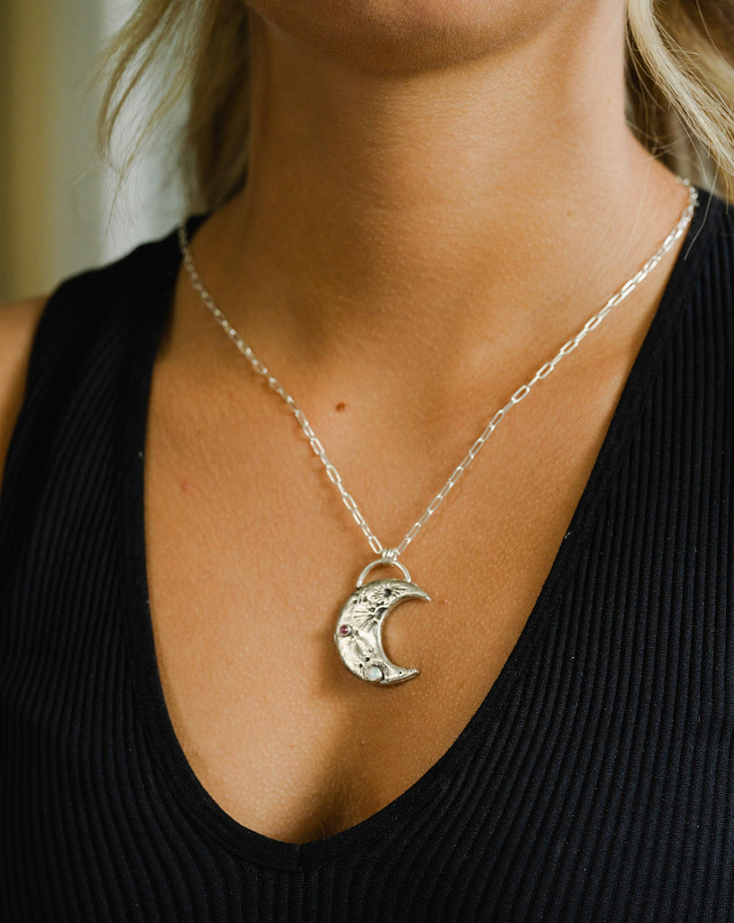 Sterling Silver Crescent Moon Necklace with Opal and Tourmaline Gemstone