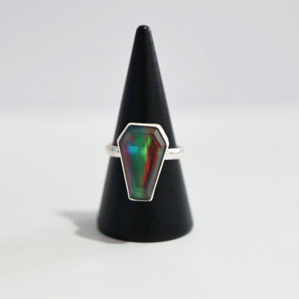 Aurora Opal Coffin Gemstone Ring in Sterling Silver / size 6.5 READY TO SHIP