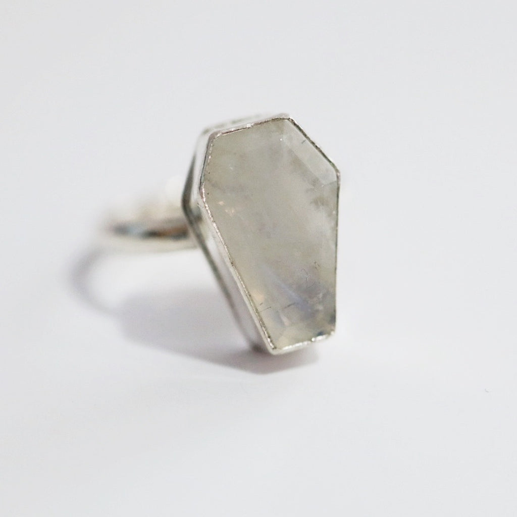 Moonstone Coffin Gemstone Ring in Sterling Silver / size 7.25 READY TO SHIP