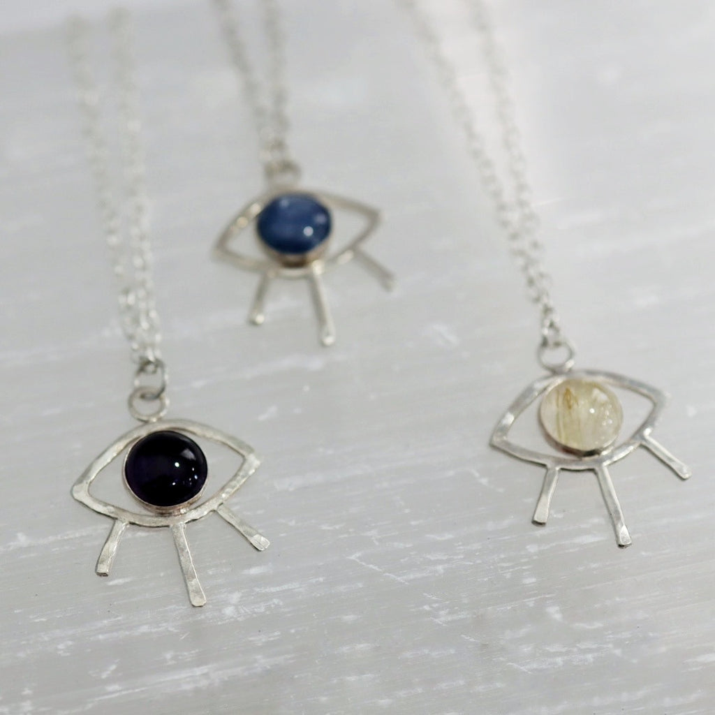 Gemstone Evil Eye Necklace in Sterling Silver - Amethyst, Kyanite, rutilated quartz / Ready to ship
