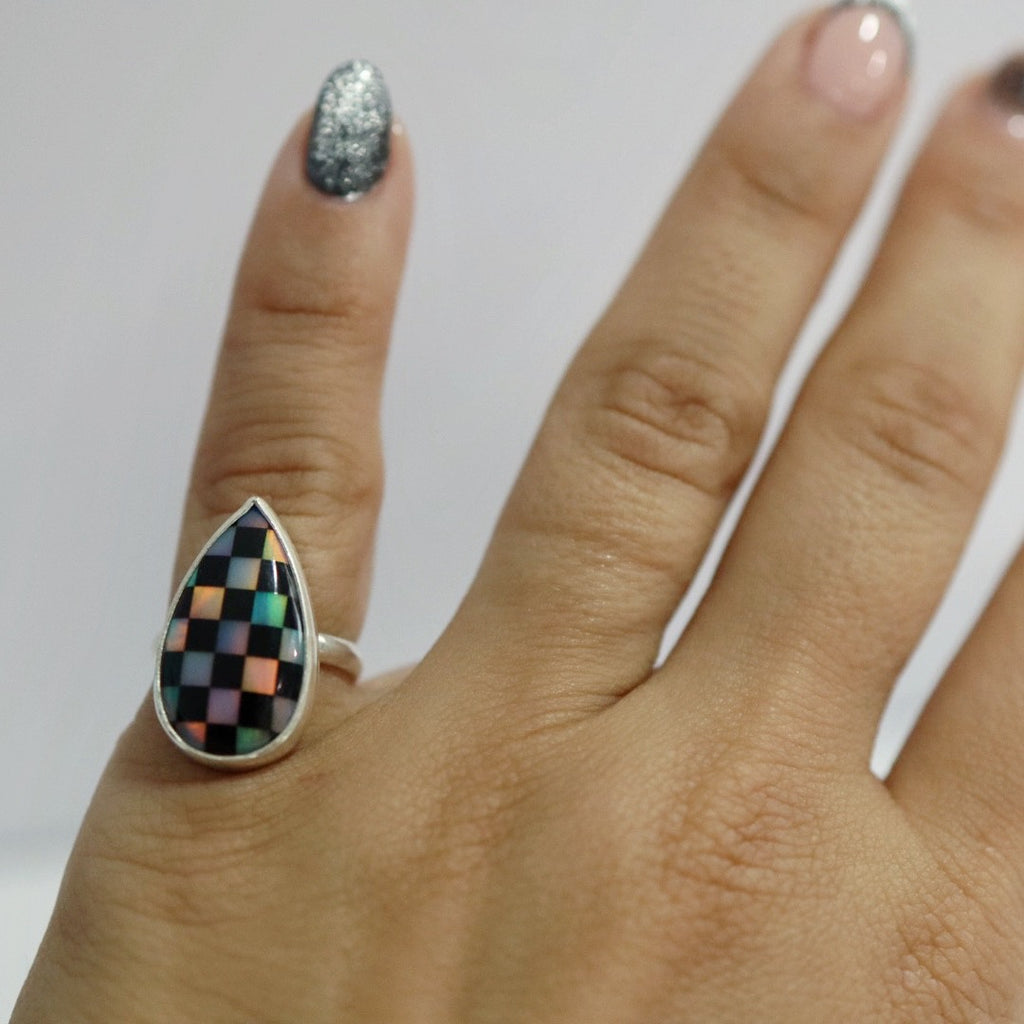 Rainbow Checkered Ring in Sterling Silver / Onyx & Aurora Opal / Ready to Ship size 5